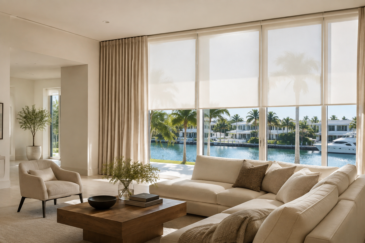 Custom shades and curtains in a bright living room